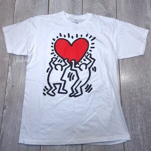 Keith Haring T-Shirt Women XL White Graphic Dancing Figures Red Heart Tee